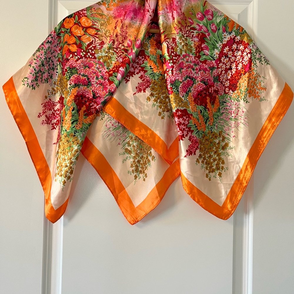 Floral Silk Scarf with Orange Border